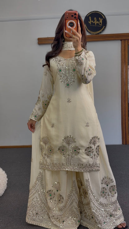 Ivory palazzo suit set with silver sequin embroidery and green stone accents, matching dupatta and wide-leg palazzo — Behuli — view 2