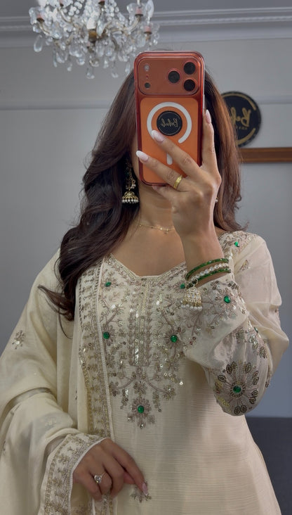 Ivory palazzo suit set with silver sequin embroidery and green stone accents, matching dupatta and wide-leg palazzo — Behuli — view 3