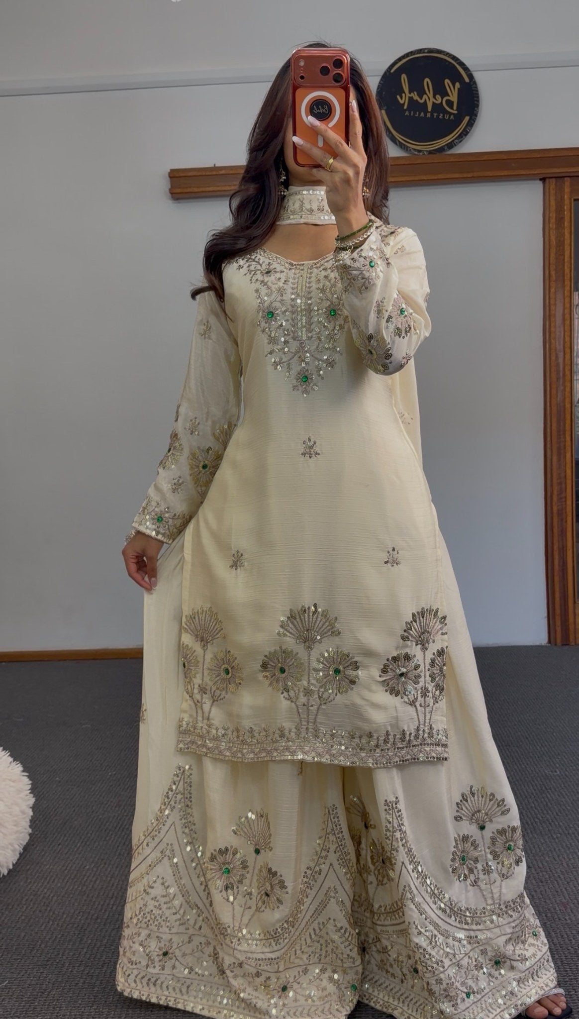 Ivory palazzo suit set with silver sequin embroidery and green stone accents, matching dupatta and wide-leg palazzo — Behuli — view 4