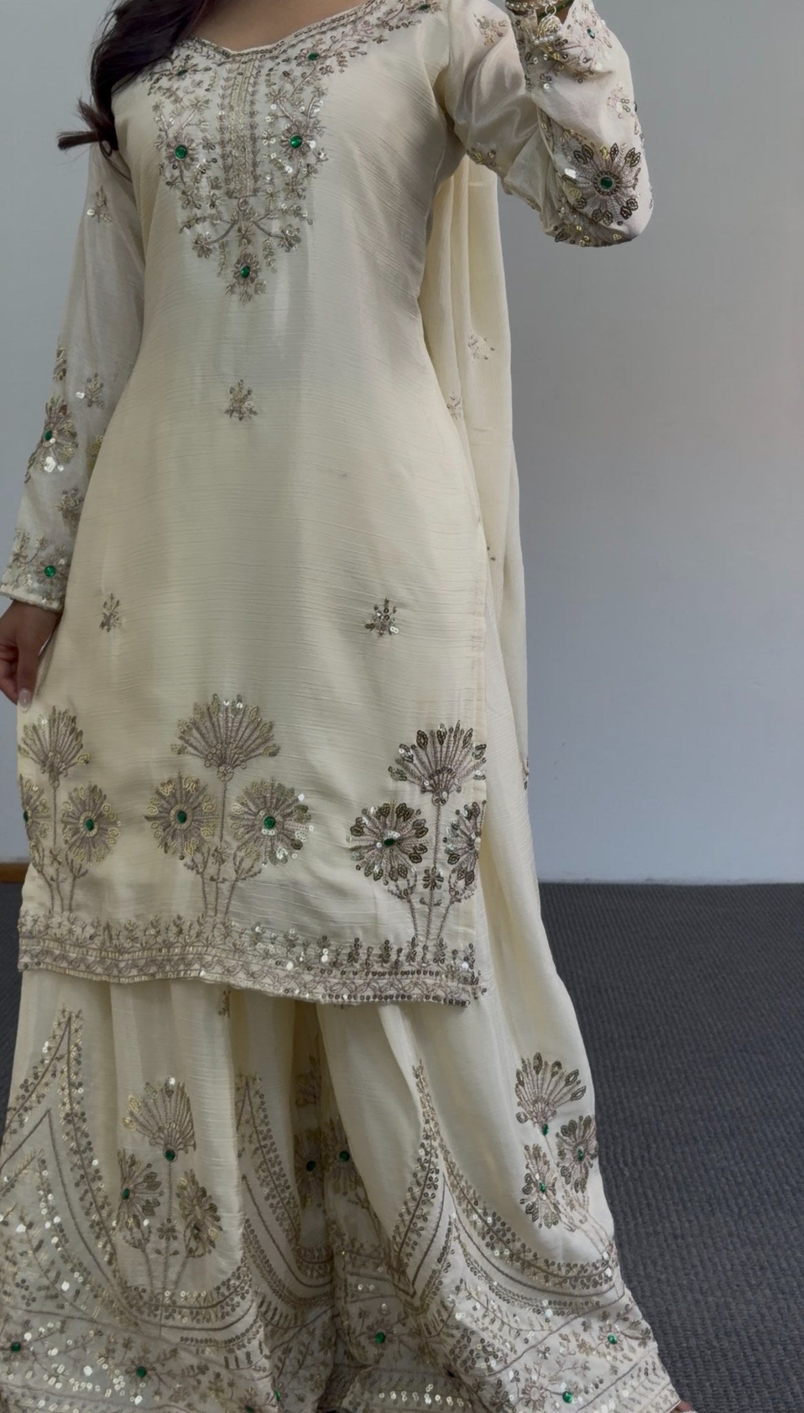 Ivory palazzo suit set with silver sequin embroidery and green stone accents, matching dupatta and wide-leg palazzo — Behuli — view 5