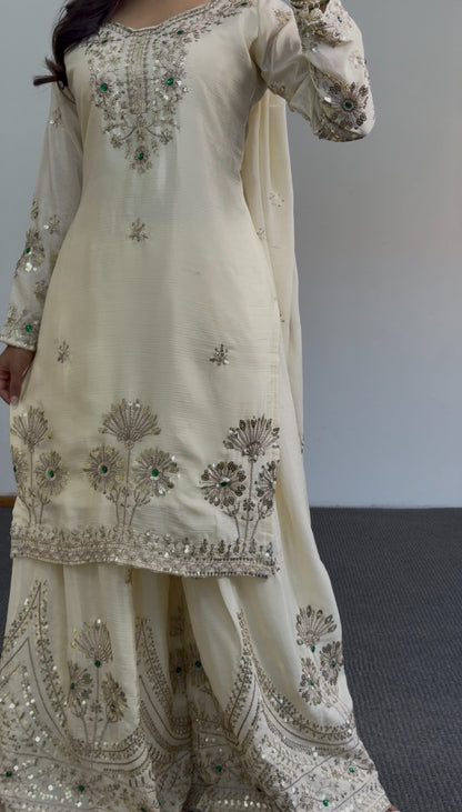 Ivory palazzo suit set with silver sequin embroidery and green stone accents, matching dupatta and wide-leg palazzo — Behuli — view 5