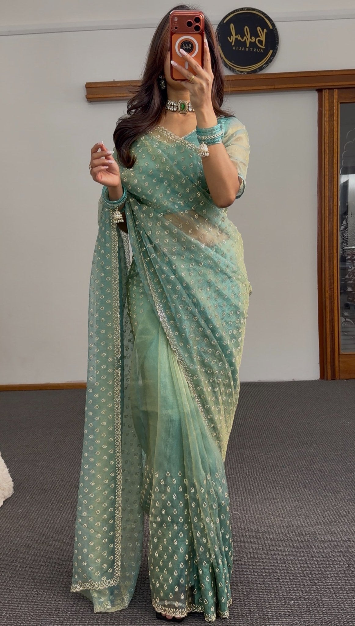 Teal and sage green ombre saree with all-over gold droplet motifs and scalloped embroidered border — Behuli Australia