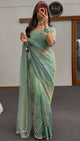Teal Organza Saree with Gold Zari Motif Embellishment