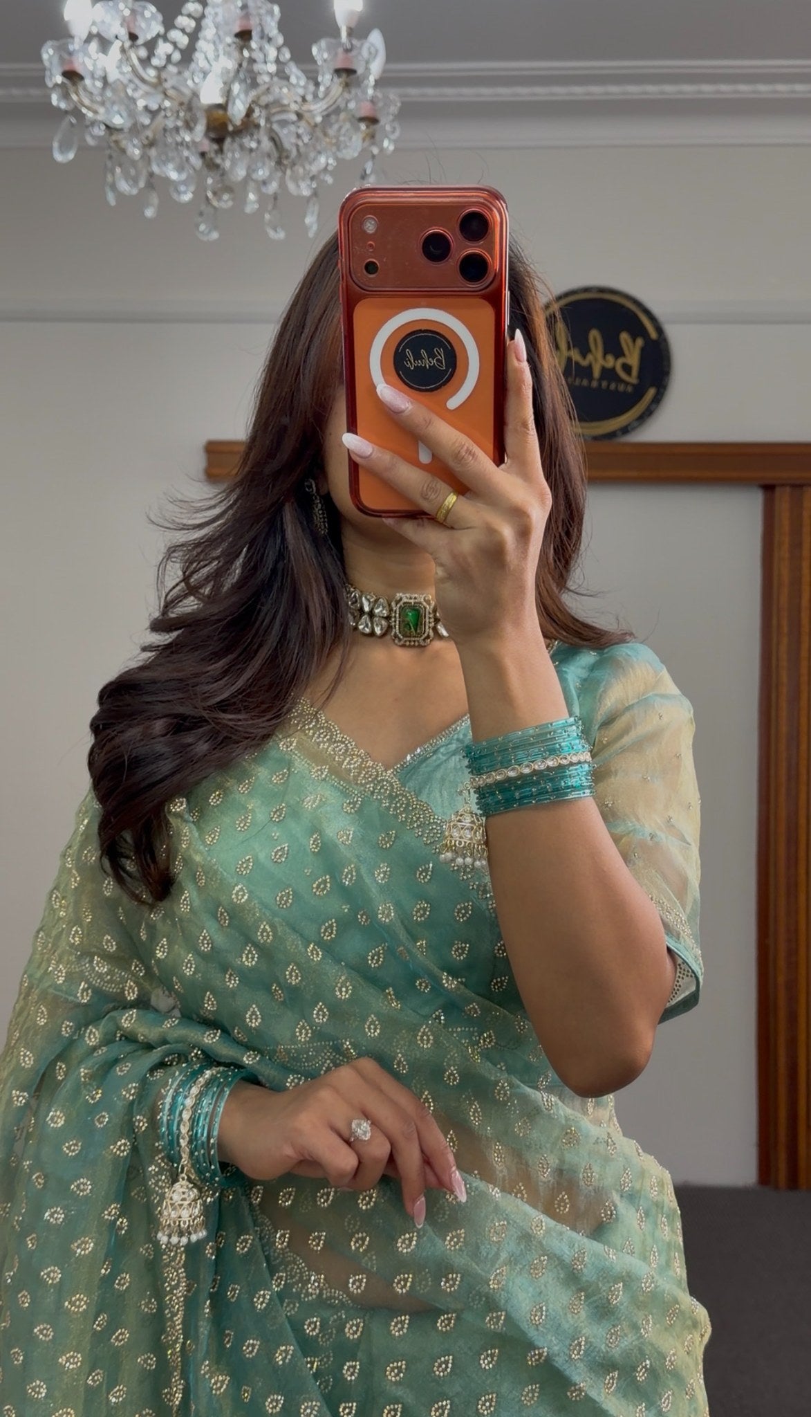 Teal and sage green ombre saree with all-over gold droplet motifs and scalloped embroidered border — Behuli Australia — view 2