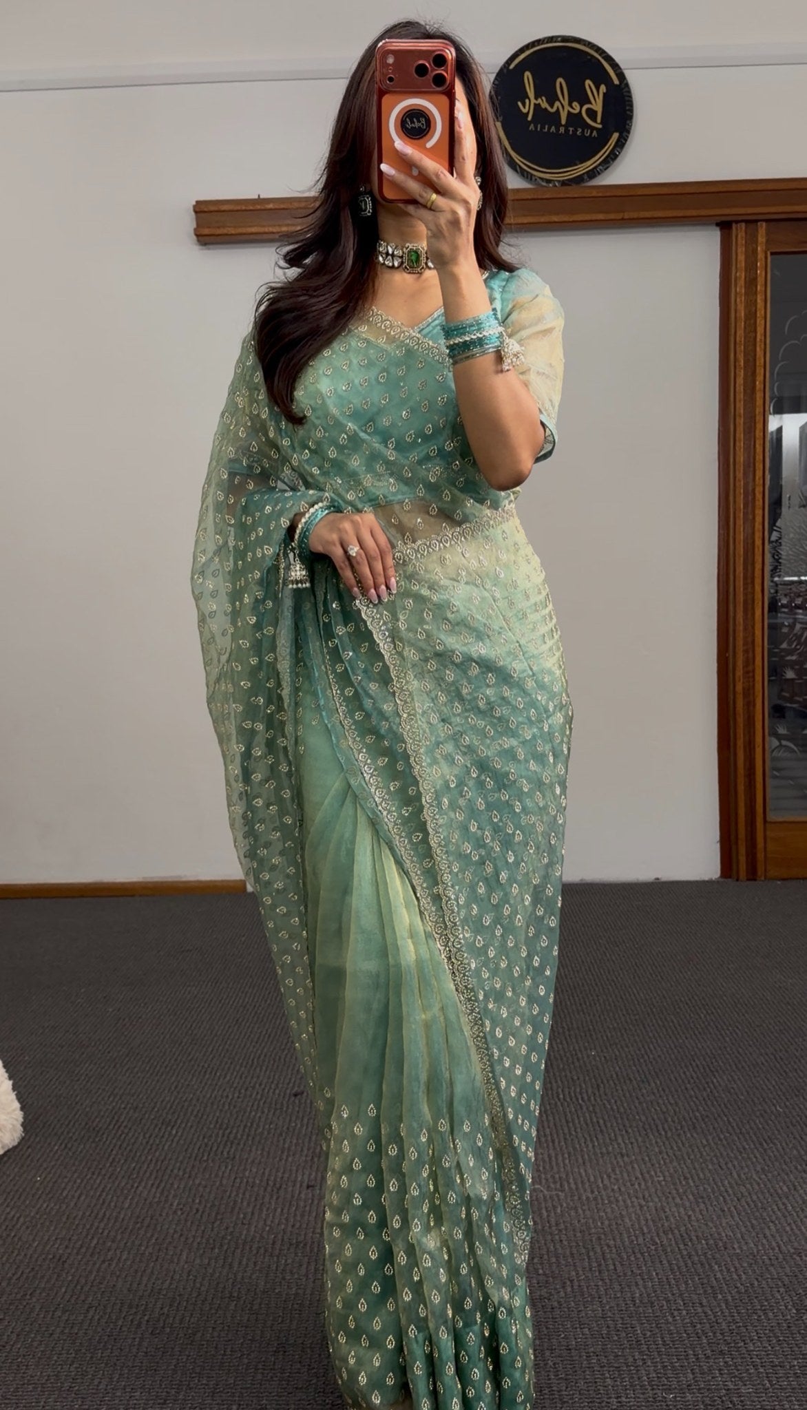 Teal and sage green ombre saree with all-over gold droplet motifs and scalloped embroidered border — Behuli Australia — view 3