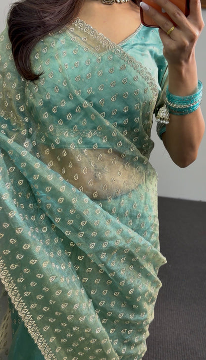 Teal and sage green ombre saree with all-over gold droplet motifs and scalloped embroidered border — Behuli Australia — view 4