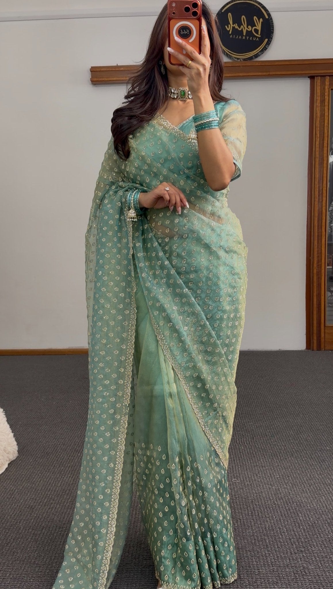 Teal and sage green ombre saree with all-over gold droplet motifs and scalloped embroidered border — Behuli Australia — view 5