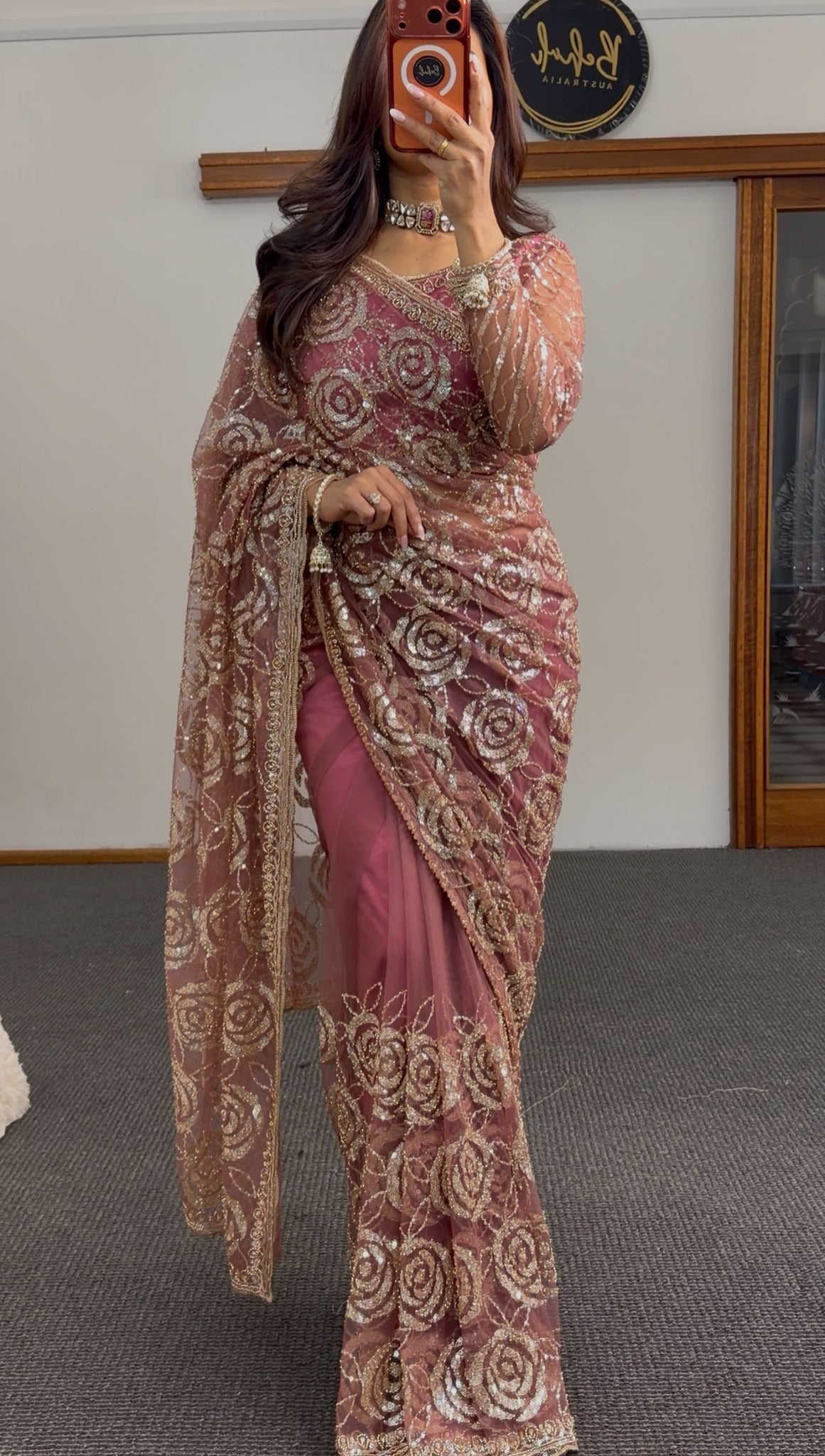 Dusty rose sheer net saree with all-over gold sequin rose floral embroidery and embellished border — Behuli Australia