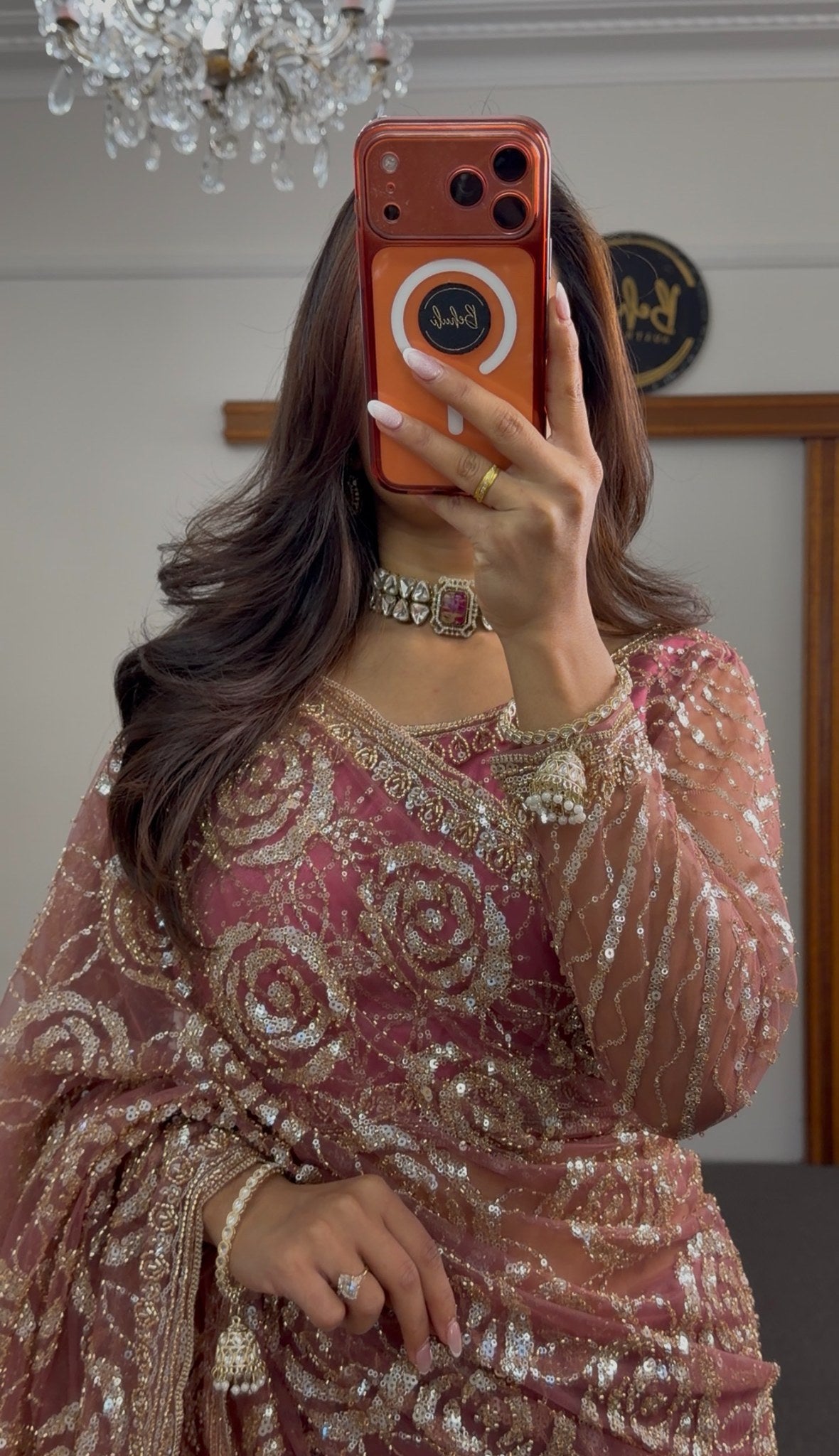 Dusty rose sheer net saree with all-over gold sequin rose floral embroidery and embellished border — Behuli Australia — view 2