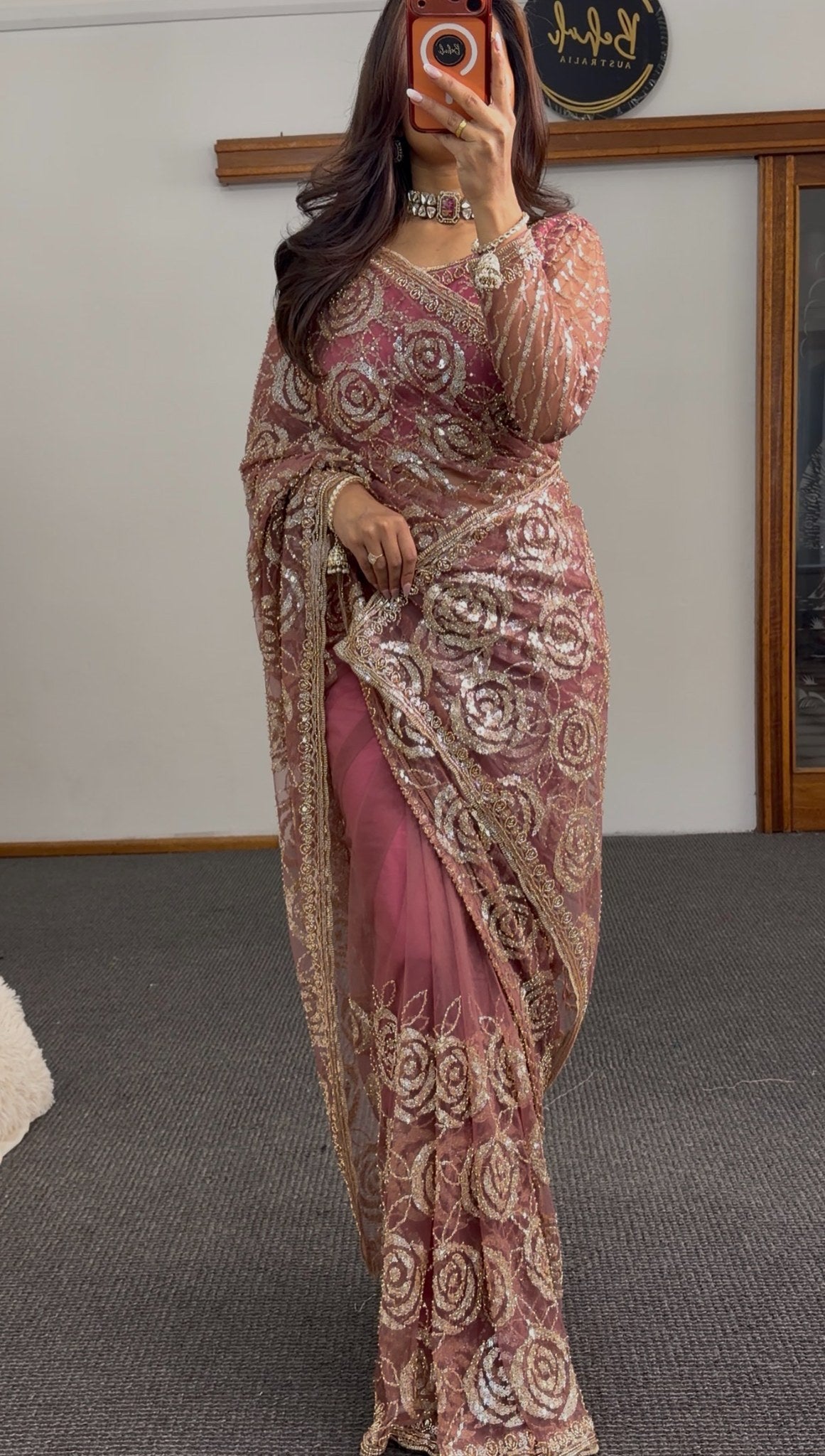 Dusty rose sheer net saree with all-over gold sequin rose floral embroidery and embellished border — Behuli Australia — view 3
