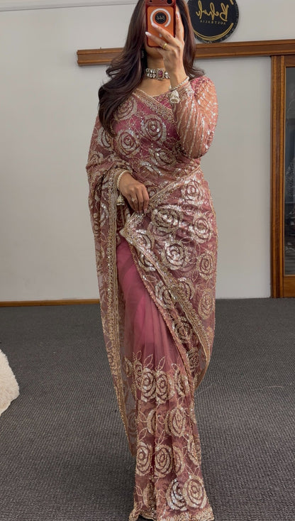 Dusty rose sheer net saree with all-over gold sequin rose floral embroidery and embellished border — Behuli Australia — view 3
