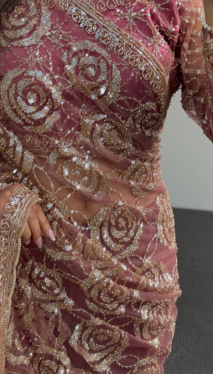 Dusty rose sheer net saree with all-over gold sequin rose floral embroidery and embellished border — Behuli Australia — view 4