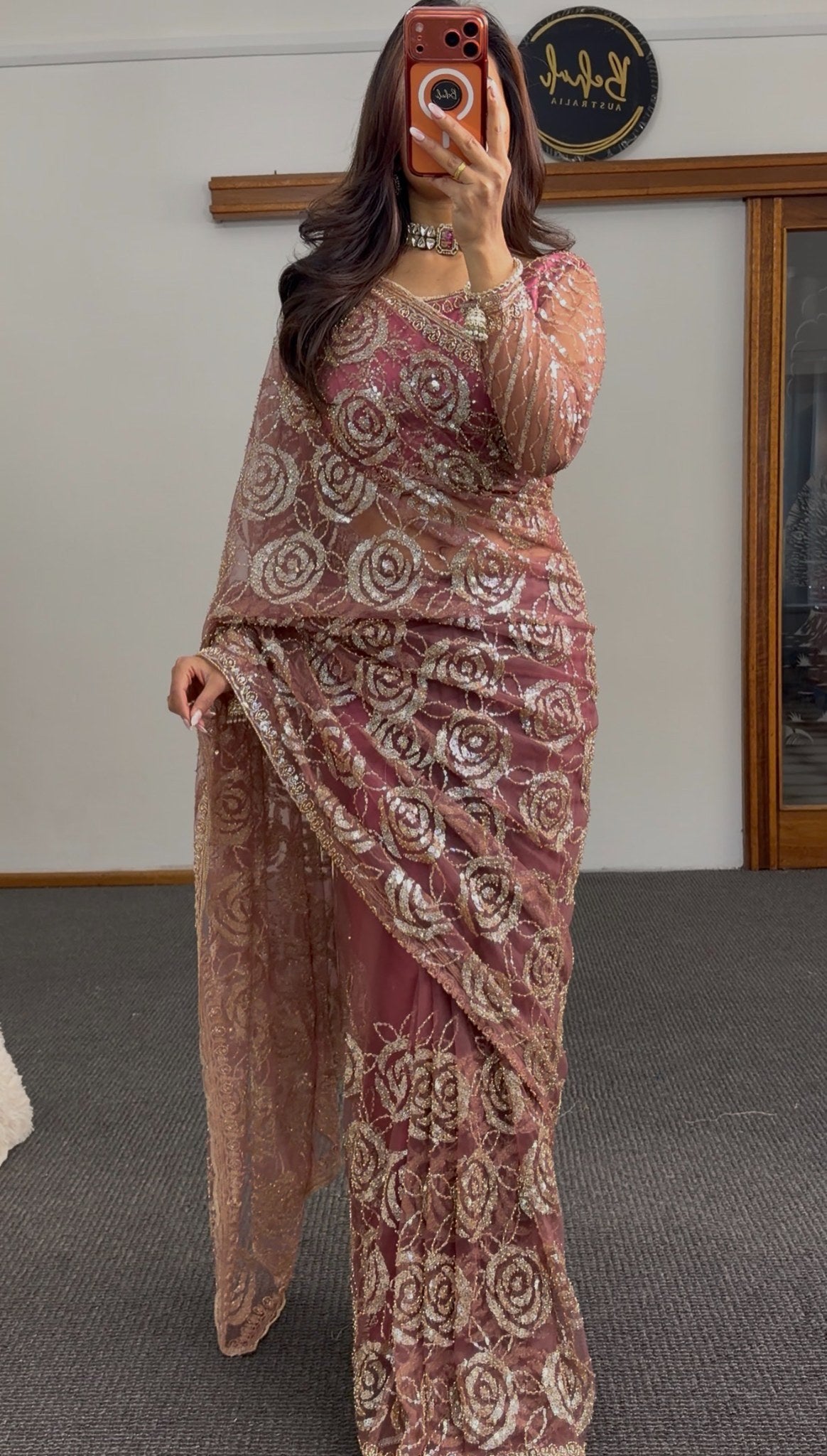 Dusty rose sheer net saree with all-over gold sequin rose floral embroidery and embellished border — Behuli Australia — view 5