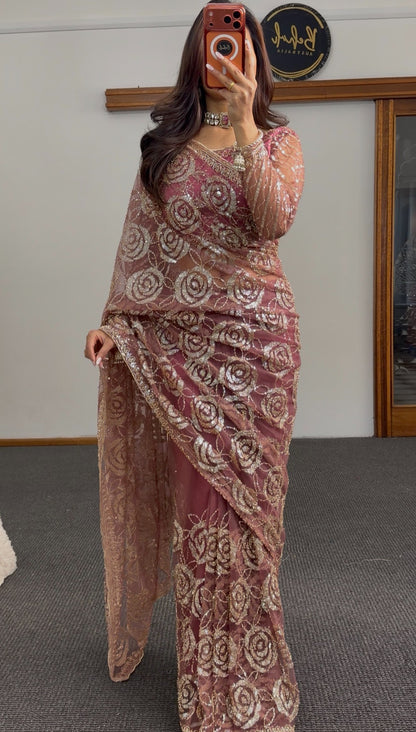Dusty rose sheer net saree with all-over gold sequin rose floral embroidery and embellished border — Behuli Australia — view 5