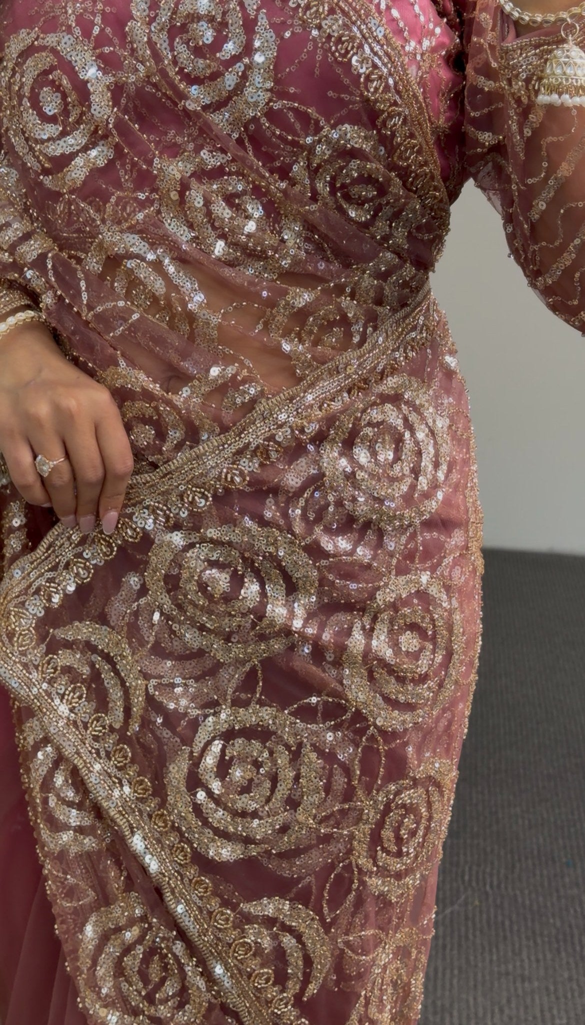 Dusty rose sheer net saree with all-over gold sequin rose floral embroidery and embellished border — Behuli Australia — view 6