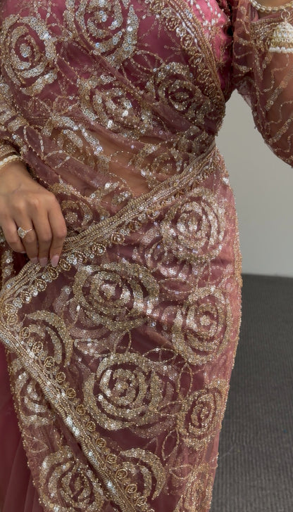 Dusty rose sheer net saree with all-over gold sequin rose floral embroidery and embellished border — Behuli Australia — view 6