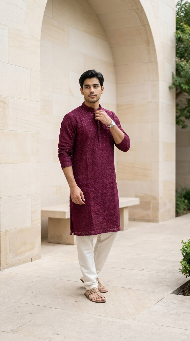 Maroon men's kurti with allover embroidery and sequin detailing, mandarin collar, paired with white trousers — Behuli — view 2