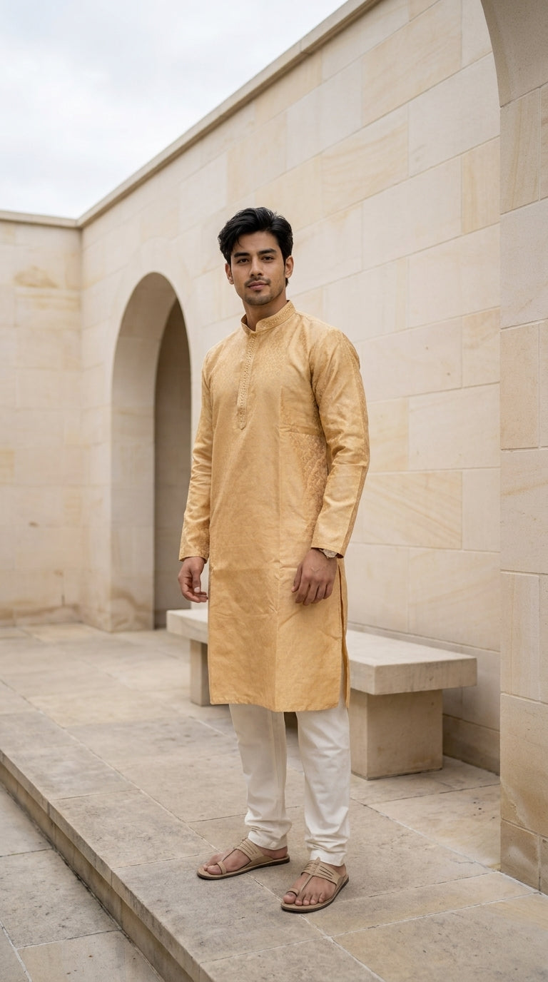 Mustard gold men's kurti with mandarin collar, tonal pattern detailing and white trousers — Behuli Australia