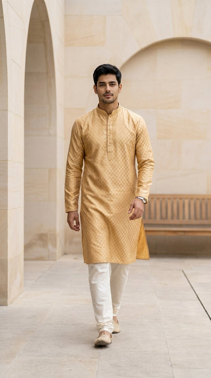 Mustard gold men's kurti with mandarin collar, tonal pattern detailing and white trousers — Behuli Australia — view 2