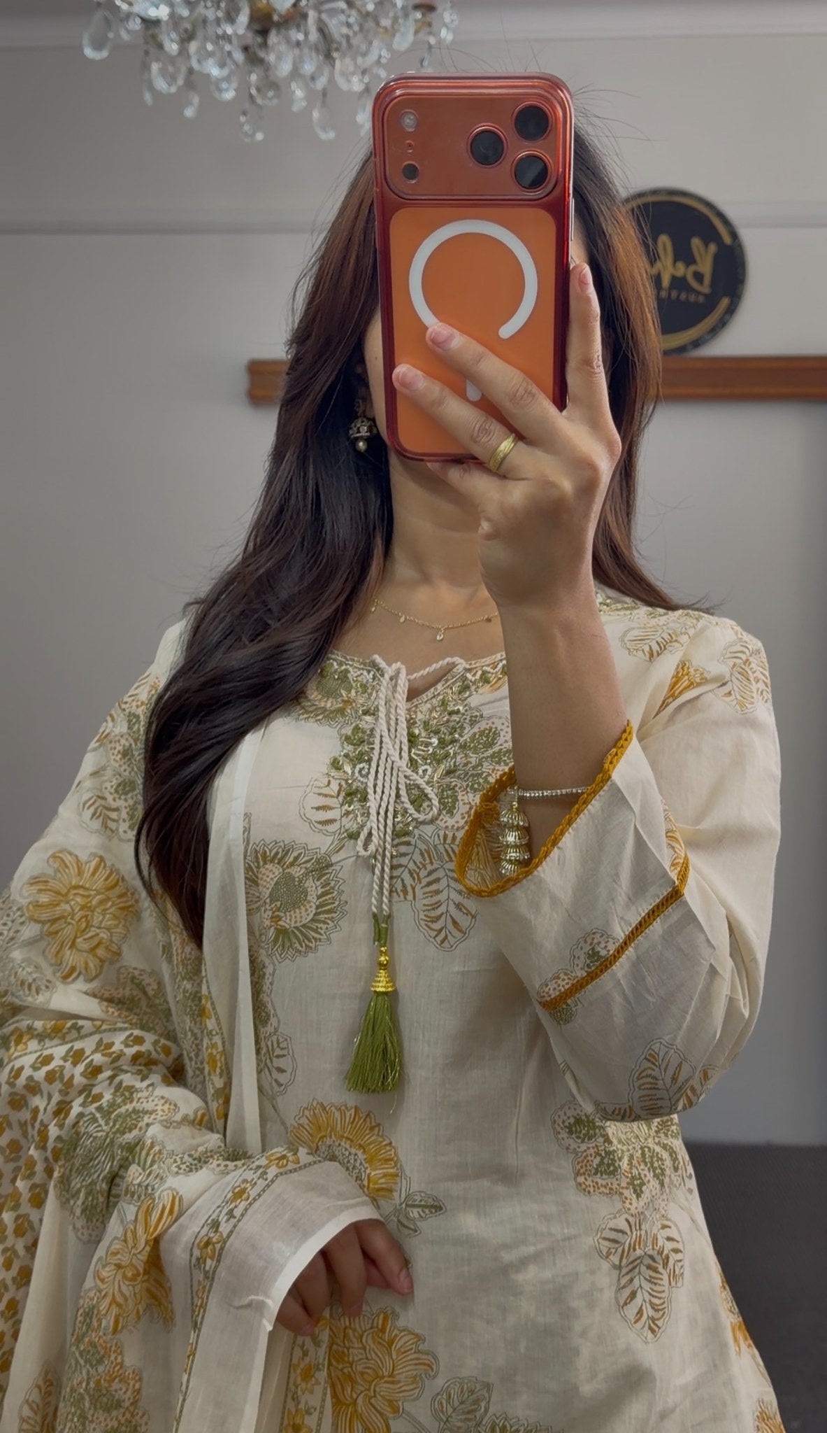 Ivory kurti set with mustard and olive floral block print, matching dupatta and pants — Behuli Australia — view 2