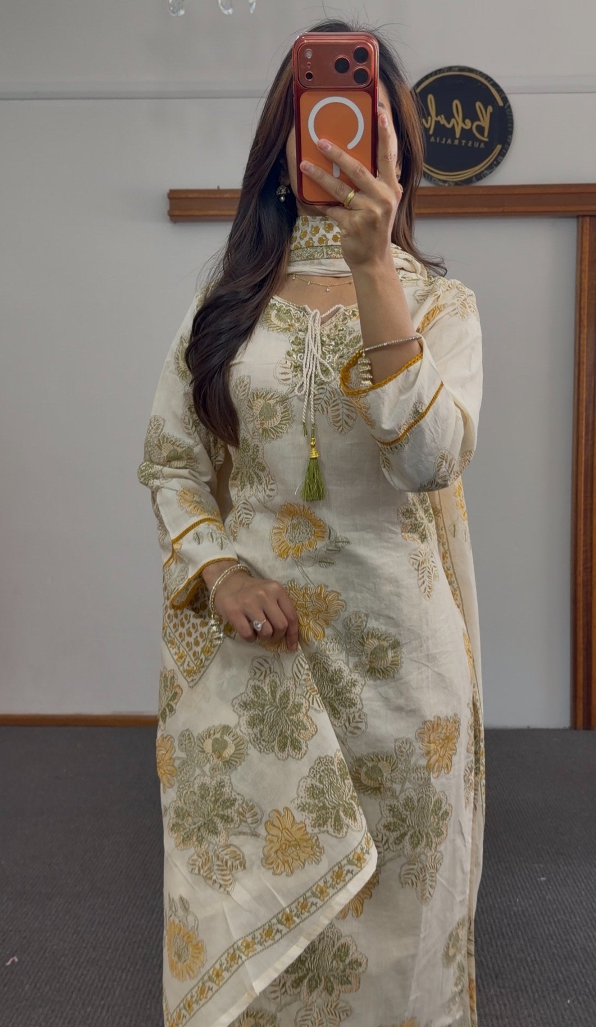 Ivory kurti set with mustard and olive floral block print, matching dupatta and pants — Behuli Australia — view 3