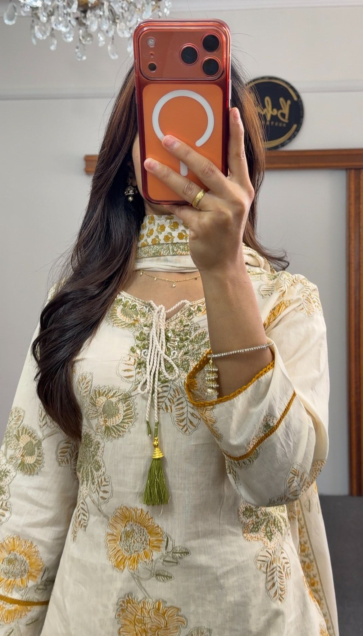 Ivory kurti set with mustard and olive floral block print, matching dupatta and pants — Behuli Australia — view 4