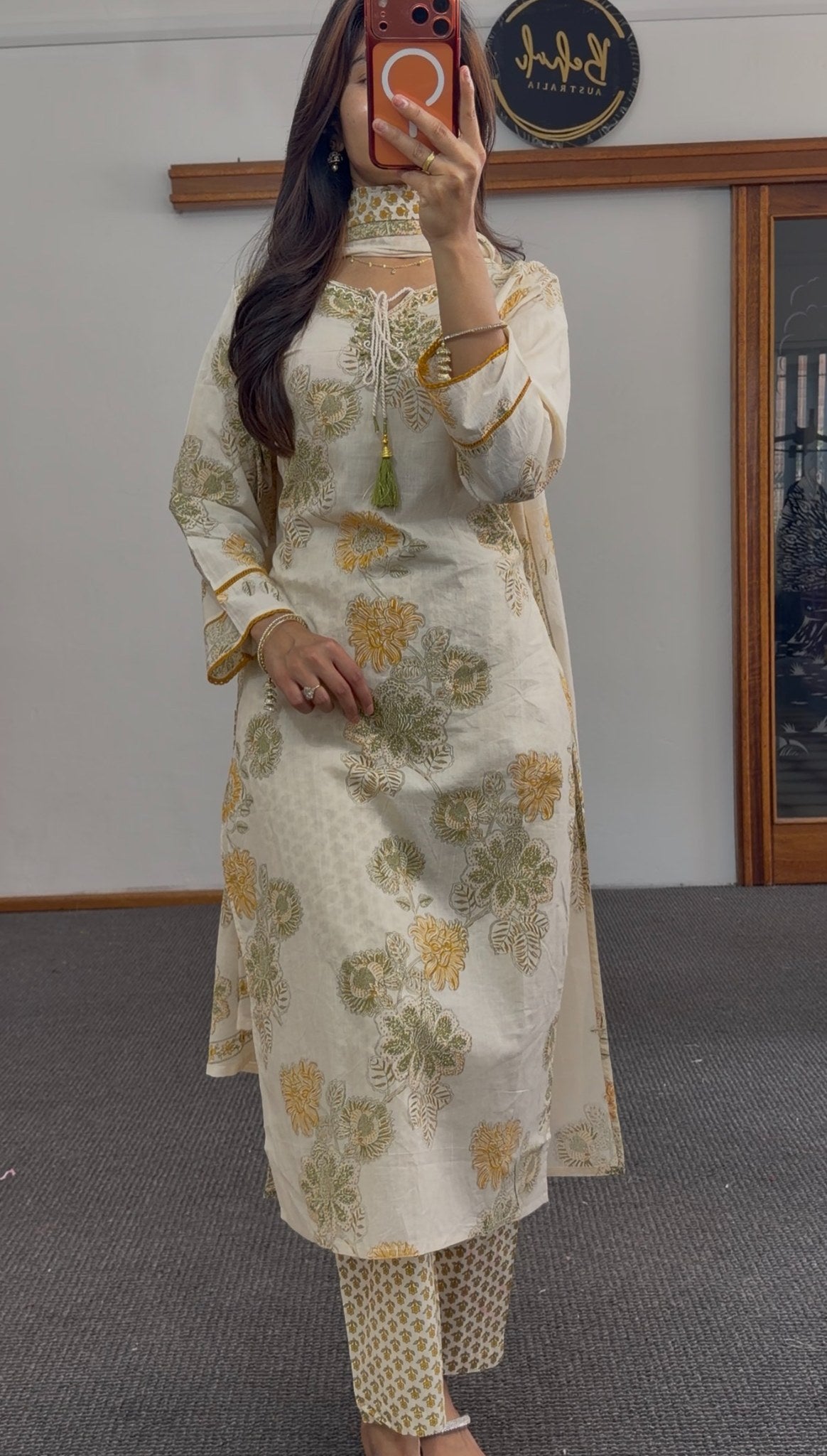 Ivory kurti set with mustard and olive floral block print, matching dupatta and pants — Behuli Australia — view 5