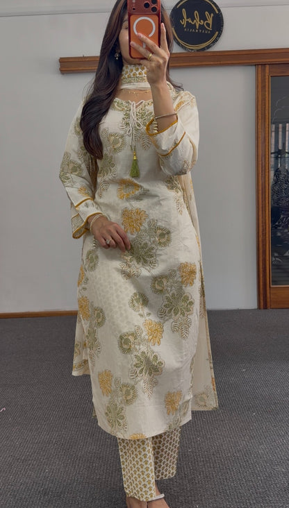 Ivory kurti set with mustard and olive floral block print, matching dupatta and pants — Behuli Australia — view 5