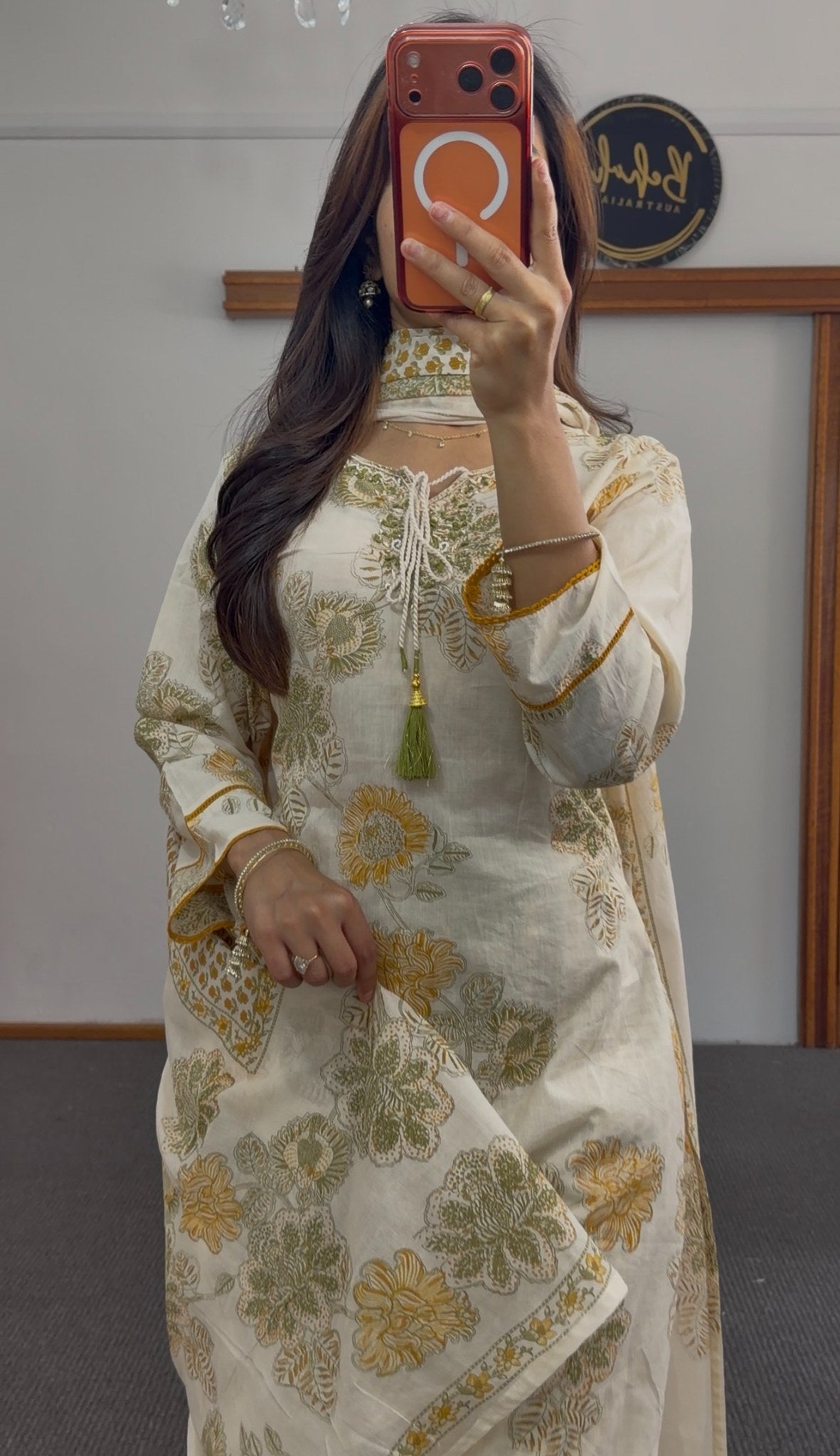 Ivory kurti set with mustard and olive floral block print, matching dupatta and pants — Behuli Australia — view 6