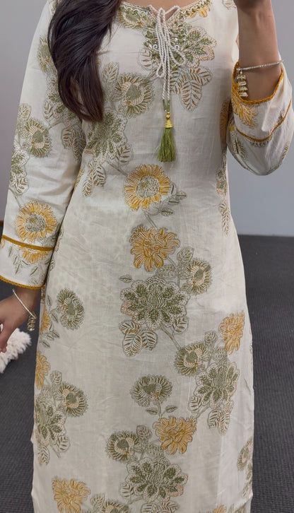 Ivory kurti set with mustard and olive floral block print, matching dupatta and pants — Behuli Australia — view 7