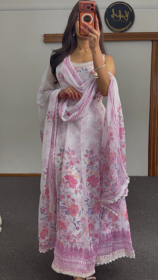 White Anarkali gown with pink floral print, lace trim detailing, and matching printed dupatta by Behuli Australia — view 2