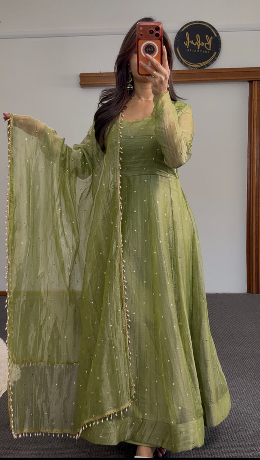 Olive green Anarkali dress with scattered sequin detailing and matching dupatta featuring pearl bead trim