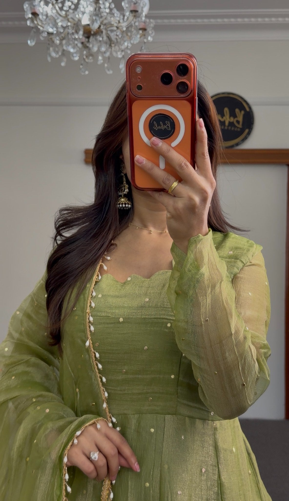 Olive green Anarkali dress with scattered sequin detailing and matching dupatta featuring pearl bead trim — view 2