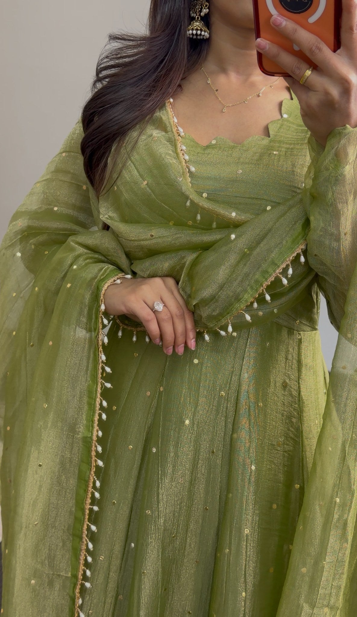 Olive green Anarkali dress with scattered sequin detailing and matching dupatta featuring pearl bead trim — view 3