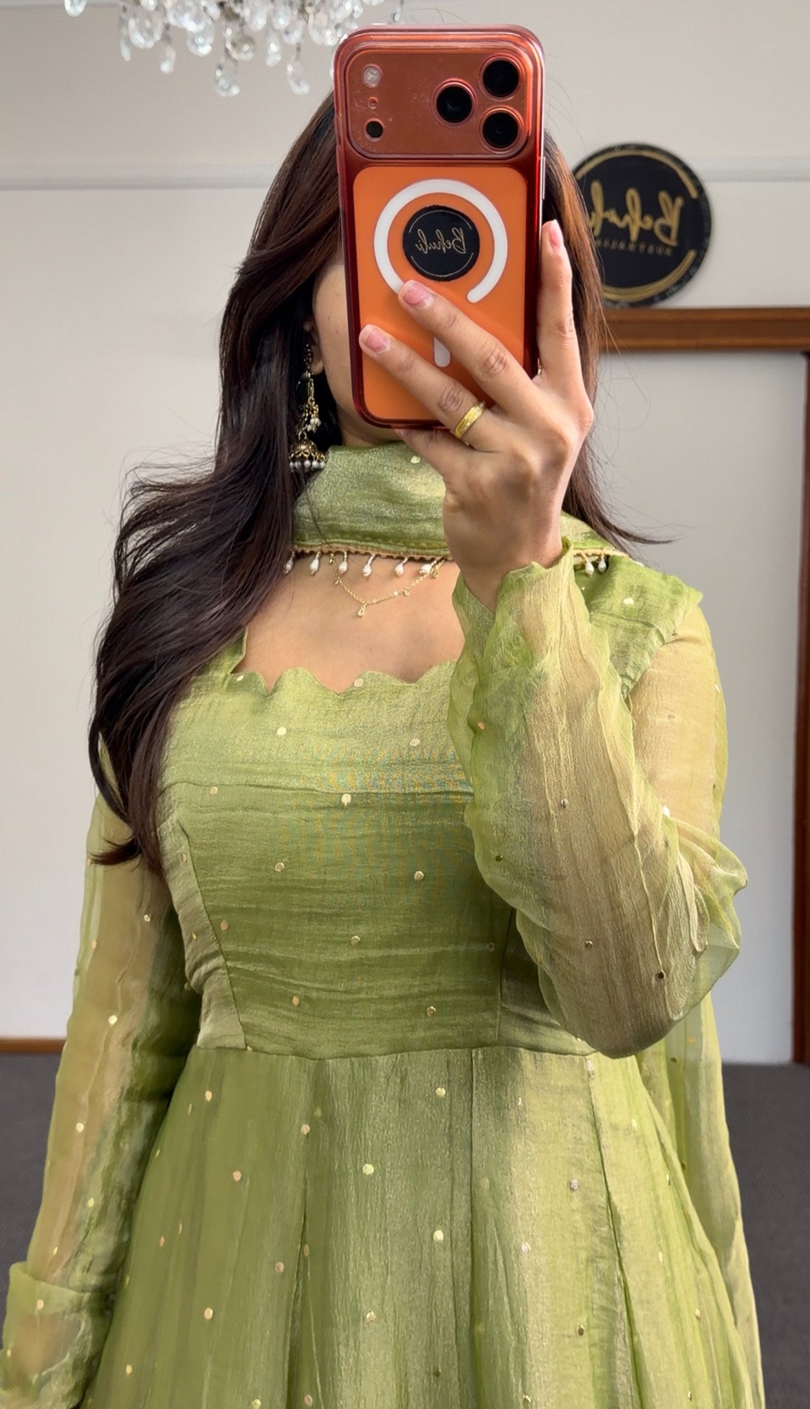 Olive green Anarkali dress with scattered sequin detailing and matching dupatta featuring pearl bead trim — view 4