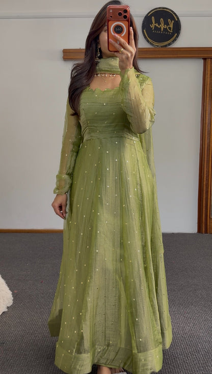 Olive green Anarkali dress with scattered sequin detailing and matching dupatta featuring pearl bead trim — view 5