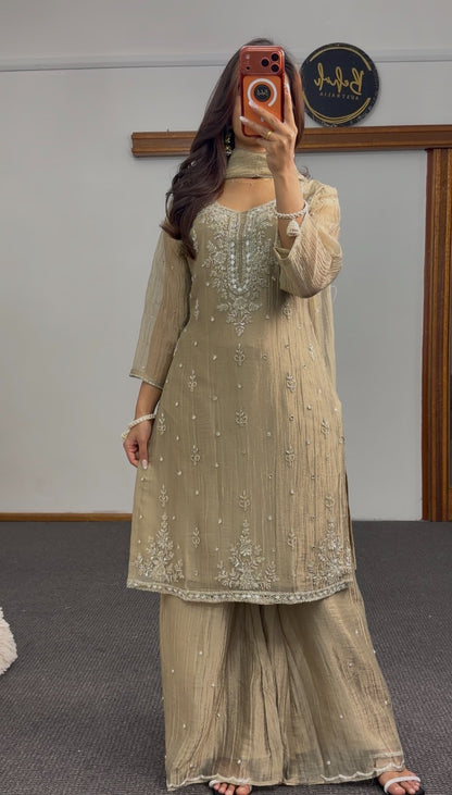 Sage green palazzo suit set with mirror work and floral embroidery, worn with matching dupatta — Behuli Australia — view 2