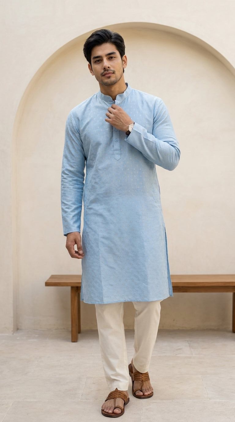 Powder blue men's kurti with mandarin collar, button placket, and subtle woven motif pattern paired with cream trousers