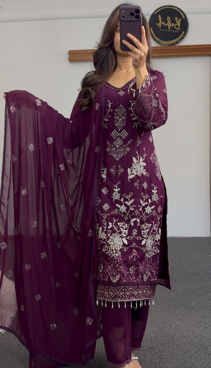 Plum kurti set with silver floral embroidery, sequin work and matching sheer dupatta — Behuli Australia