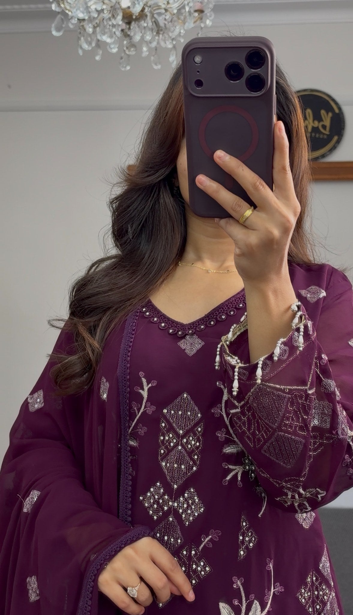 Plum kurti set with silver floral embroidery, sequin work and matching sheer dupatta — Behuli Australia — view 2