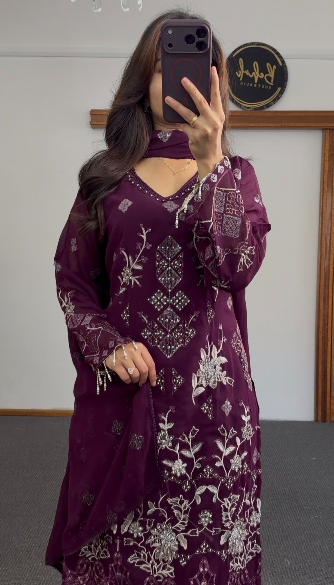Plum kurti set with silver floral embroidery, sequin work and matching sheer dupatta — Behuli Australia — view 3