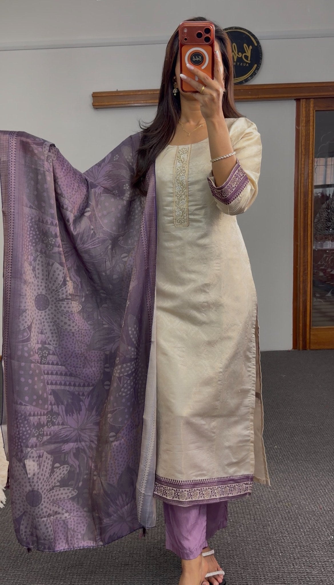 Ivory straight-cut kurti set with embroidered placket, mauve palazzo trousers and floral printed mauve dupatta — Behuli