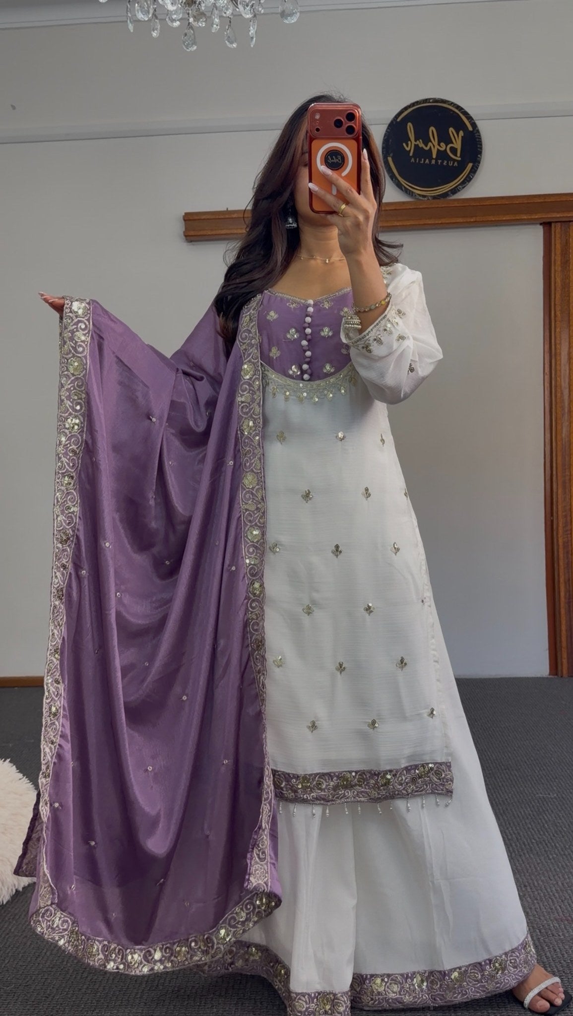 Ivory and lavender palazzo suit set with zari floral embroidery, embroidered dupatta and tassel hem detail — Behuli Australia