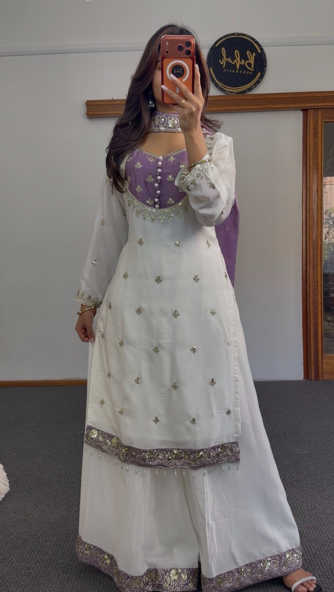Ivory and lavender palazzo suit set with zari floral embroidery, embroidered dupatta and tassel hem detail — Behuli Australia — view 2