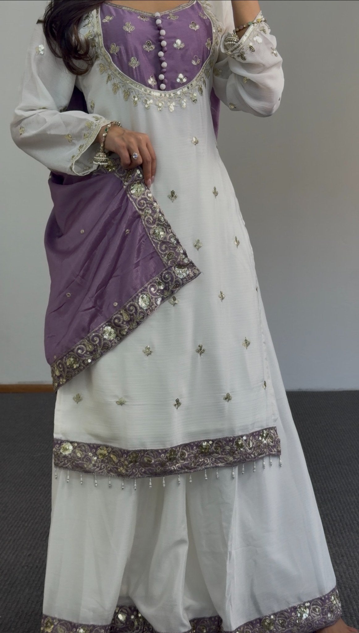 Ivory and lavender palazzo suit set with zari floral embroidery, embroidered dupatta and tassel hem detail — Behuli Australia — view 3
