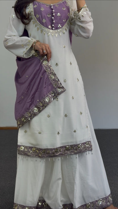 Ivory and lavender palazzo suit set with zari floral embroidery, embroidered dupatta and tassel hem detail — Behuli Australia — view 3