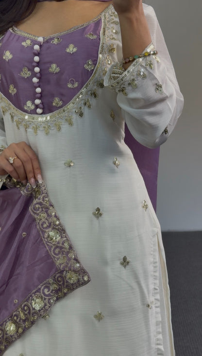 Ivory and lavender palazzo suit set with zari floral embroidery, embroidered dupatta and tassel hem detail — Behuli Australia — view 4