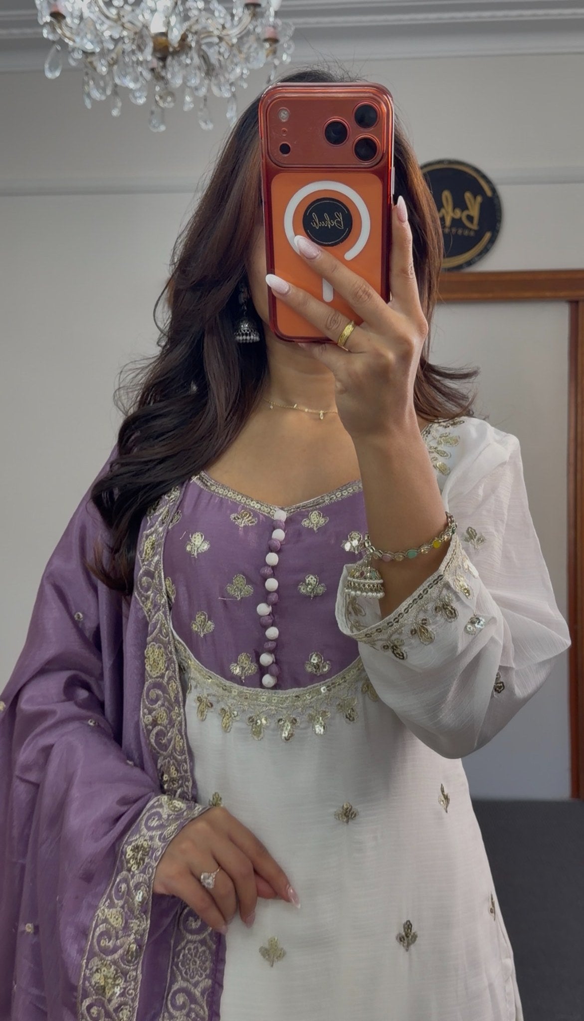 Ivory and lavender palazzo suit set with zari floral embroidery, embroidered dupatta and tassel hem detail — Behuli Australia — view 5
