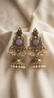 Antique Gold Jhumka Earrings with Lilac Stone & Pearls