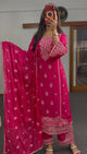 Fuchsia Crepe Silk Kurti Set with Ivory Floral Embroidery